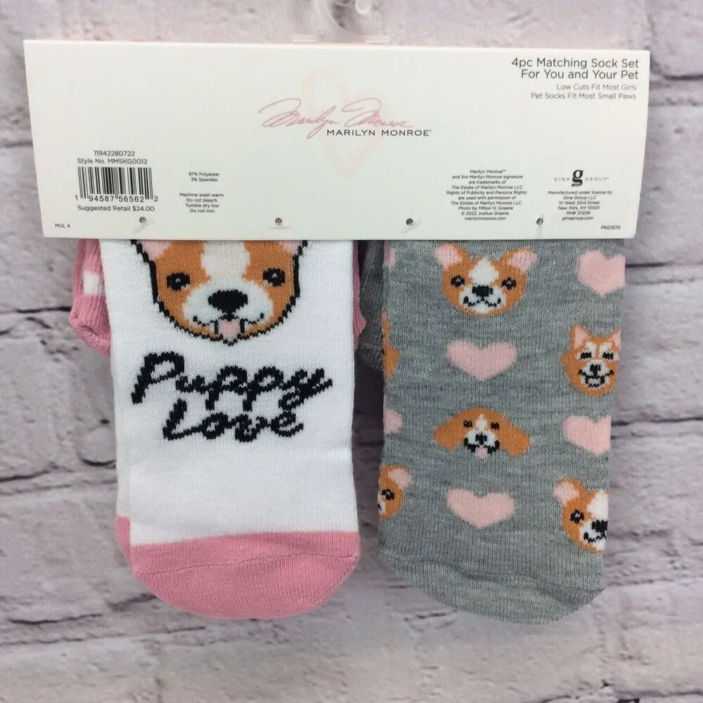 Marilyn Monroe Girls & Matching Pet Socks OSFM 4 Pair Set Low Cut Puppy Love NWT
